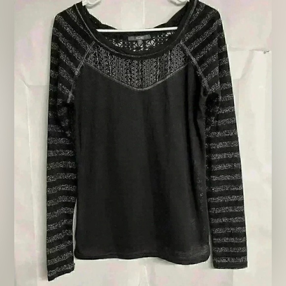 Miss Me Tops - Miss Me Womens Knitted Blouse Black Striped Long Sleeve Scoop Stretch Crochet